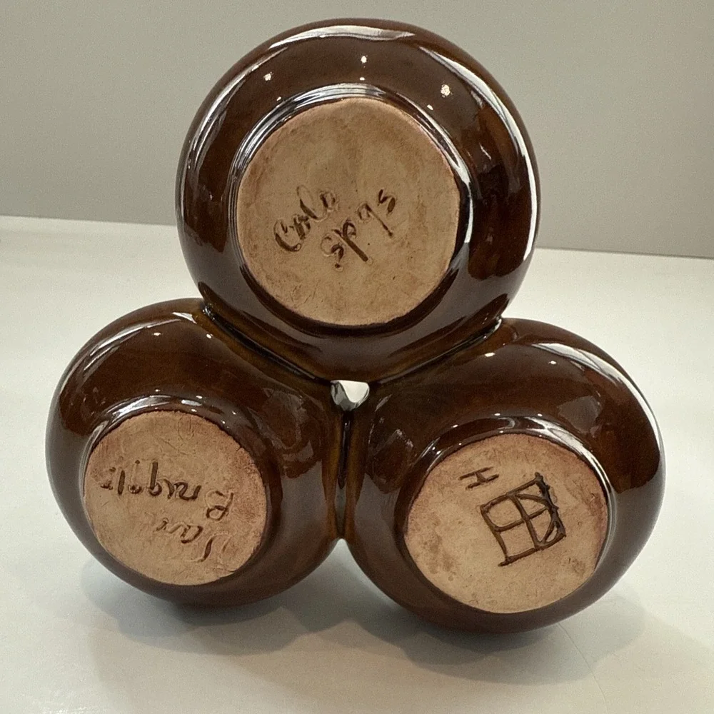 Vintage Van Briggle Pottery Triple Bud‎ Vase in Brown with White Drip Glaze